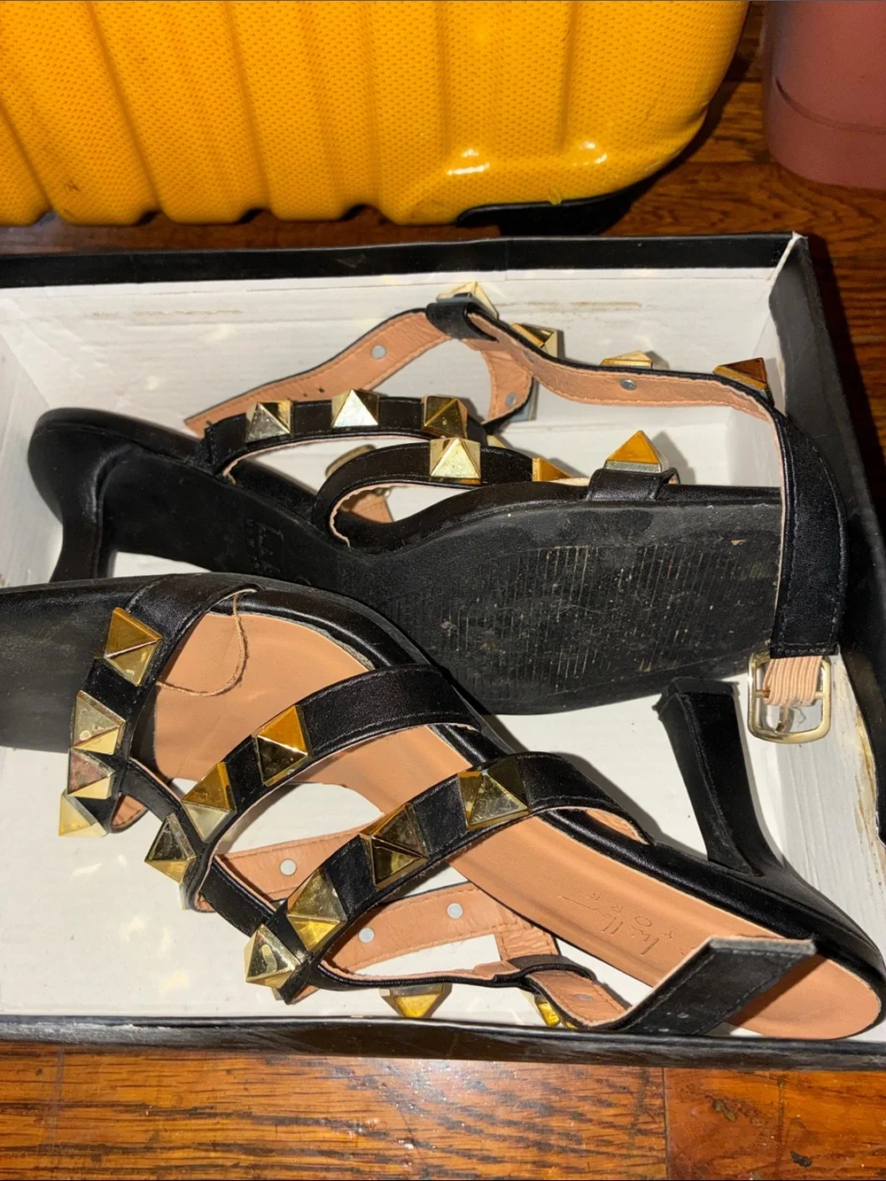 Nicole Miller Black Heeled Sandals with Gold Pyramid Studs